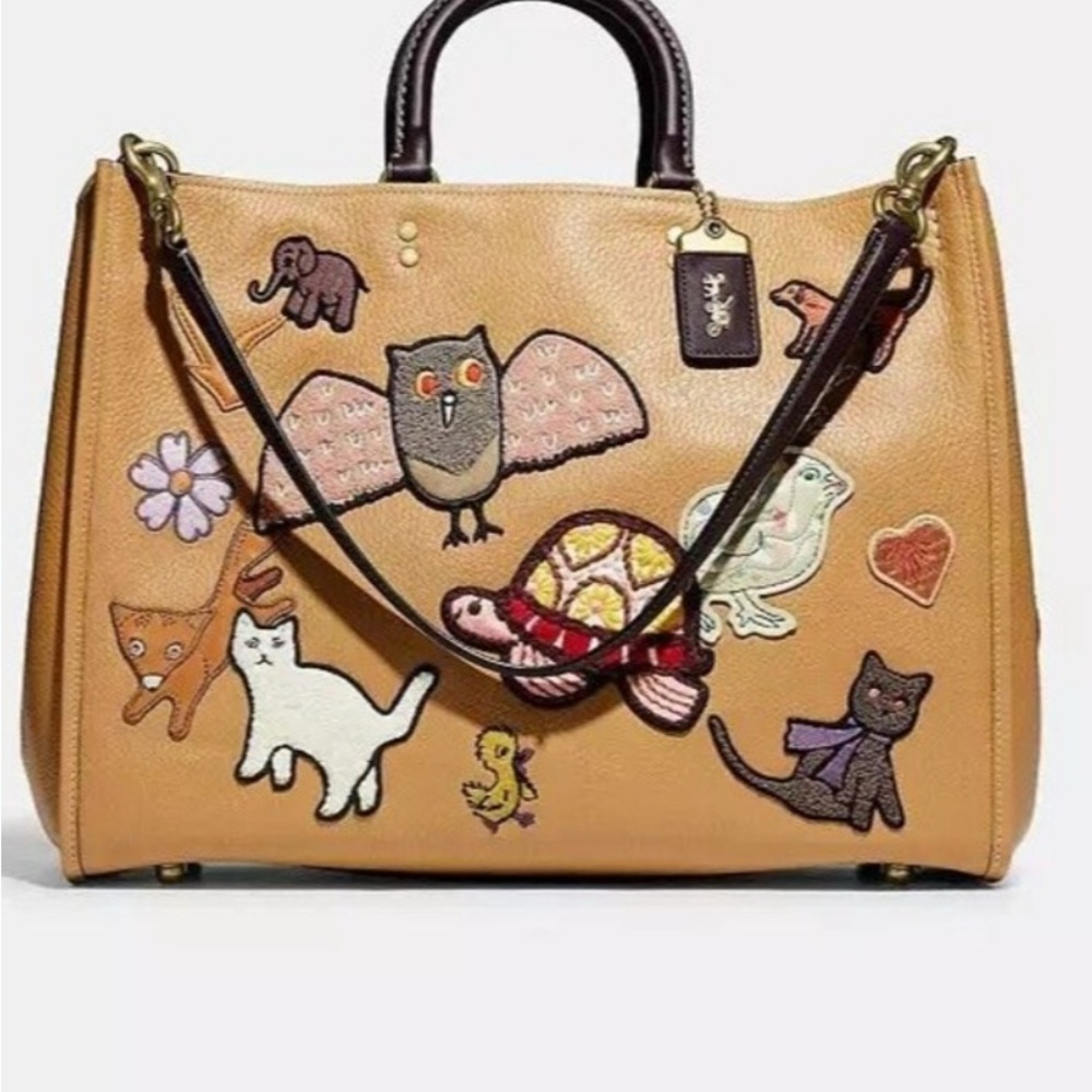 Coach Rouge 39 Tan Tote with Animal Creature Patches: Owl Turtle Cat Mushroom